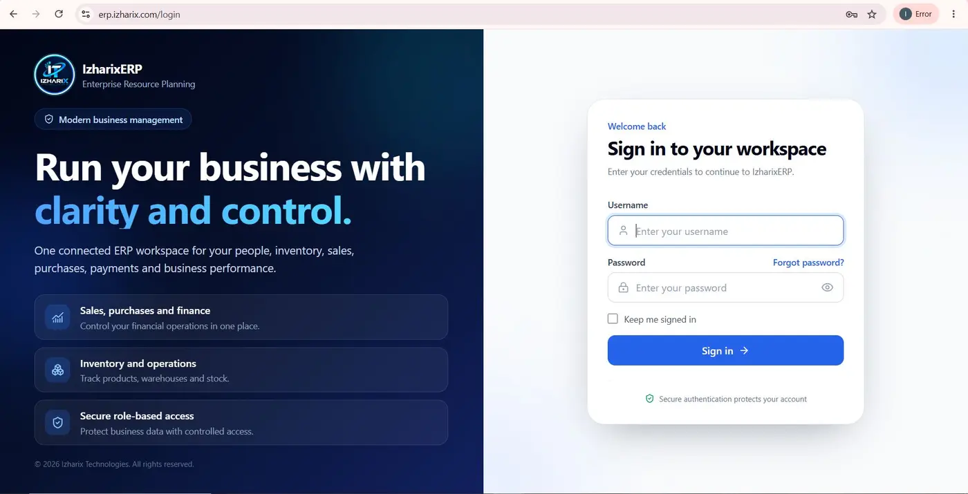 Izharix ERP secure login screen