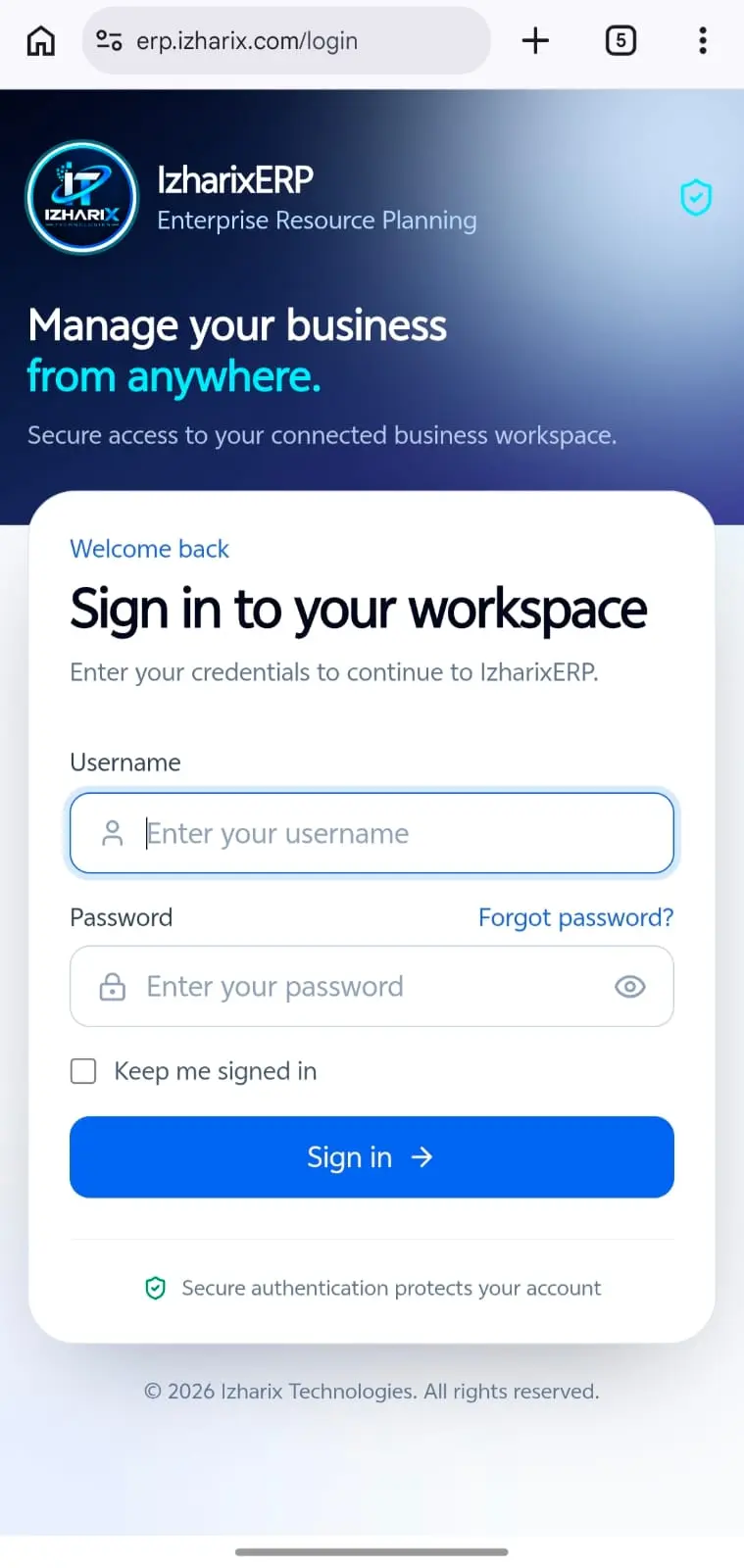 Izharix ERP mobile login screen